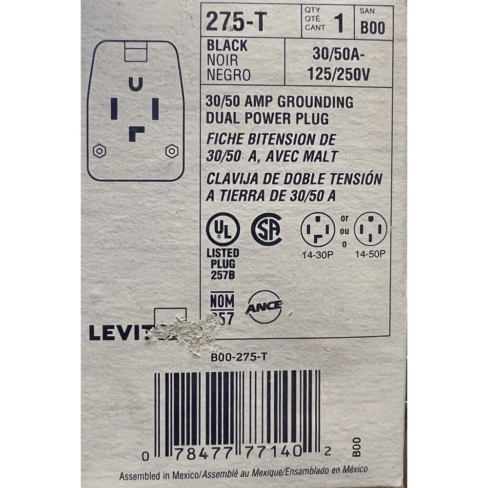 Leviton‎ 275-T 30/50A, 125/250V, Dual Power Vinyl Grounding Black Angle Plug